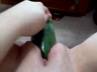 Slut takes huge cucumber in her pussy
